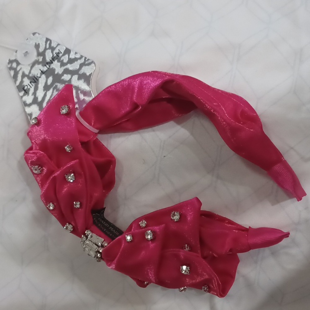 Pink Linen Hot Pink Headband with Rhinestones
